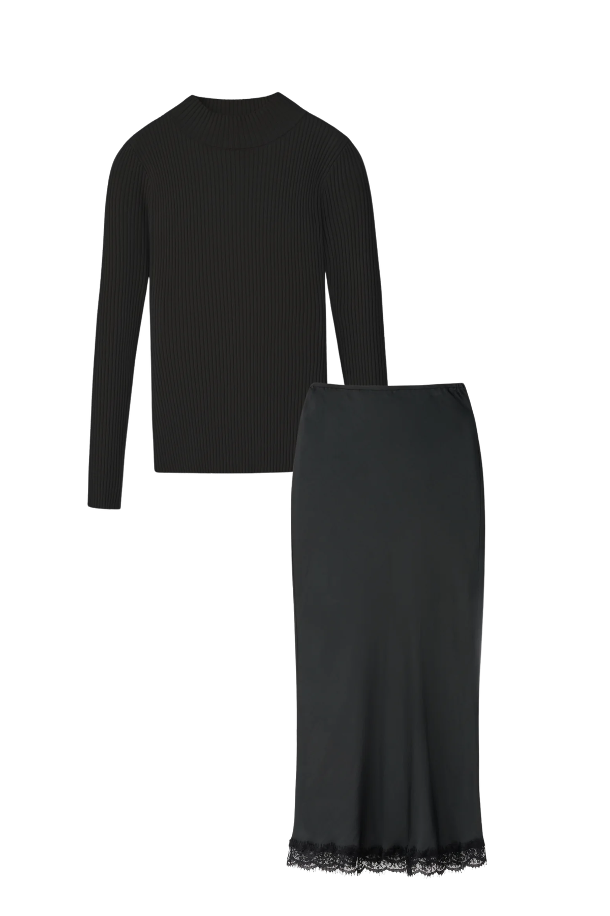 BLACK LACE SLIP SKIRT SET