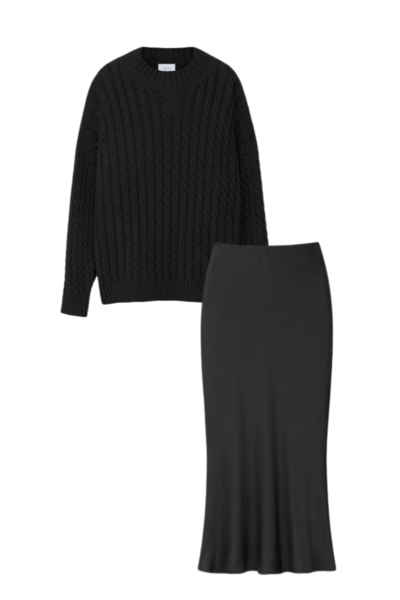 BLACK SLIP SKIRT SET