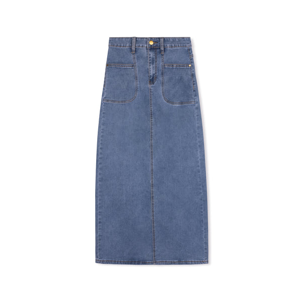 Front Pocket Stretch Denim Midi Skirt | Recollection